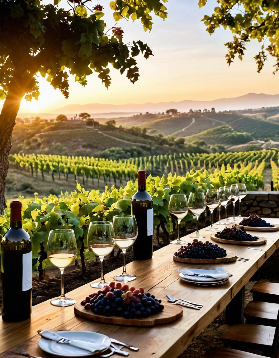A picturesque vineyard at sunset, with rows of grapevines stretching towards the horizon. A chic wine tasting setup featuring elegant glasses, a wooden table adorned with a rustic cheese board, and bottles of various wines. Soft, ambient lighting casts a warm glow, inviting viewers to immerse in the experience of wine tasting. A small group of people enjoying the event, laughing and tasting wine together. super-realistic. vibrant colors.