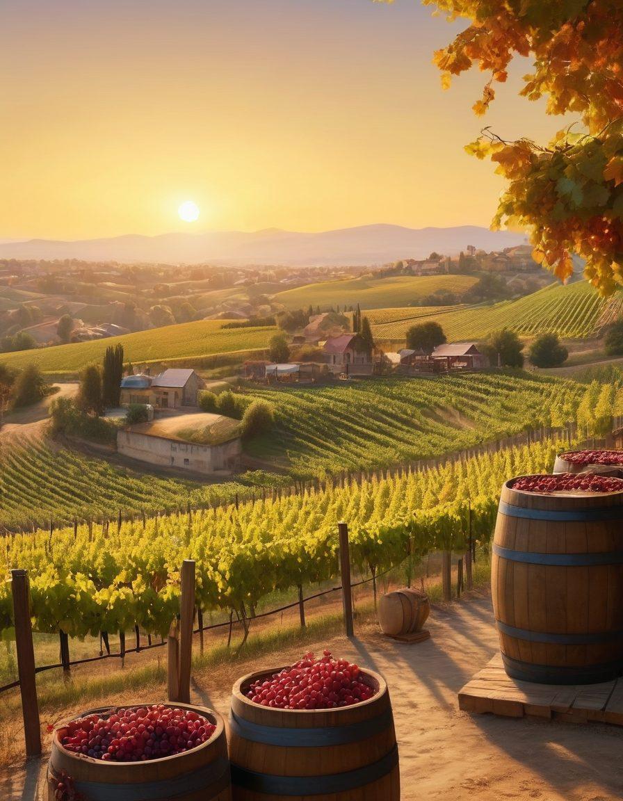 A scenic landscape showcasing rolling vineyards under a golden sunset, featuring diverse grape varieties with rustic wooden wine barrels in the foreground. Include a cozy farmer's market stall selling organic wines and local delicacies, with cheerful visitors sampling wine. Capture the essence of exploration and discovery in wine regions. vibrant colors. super-realistic.
