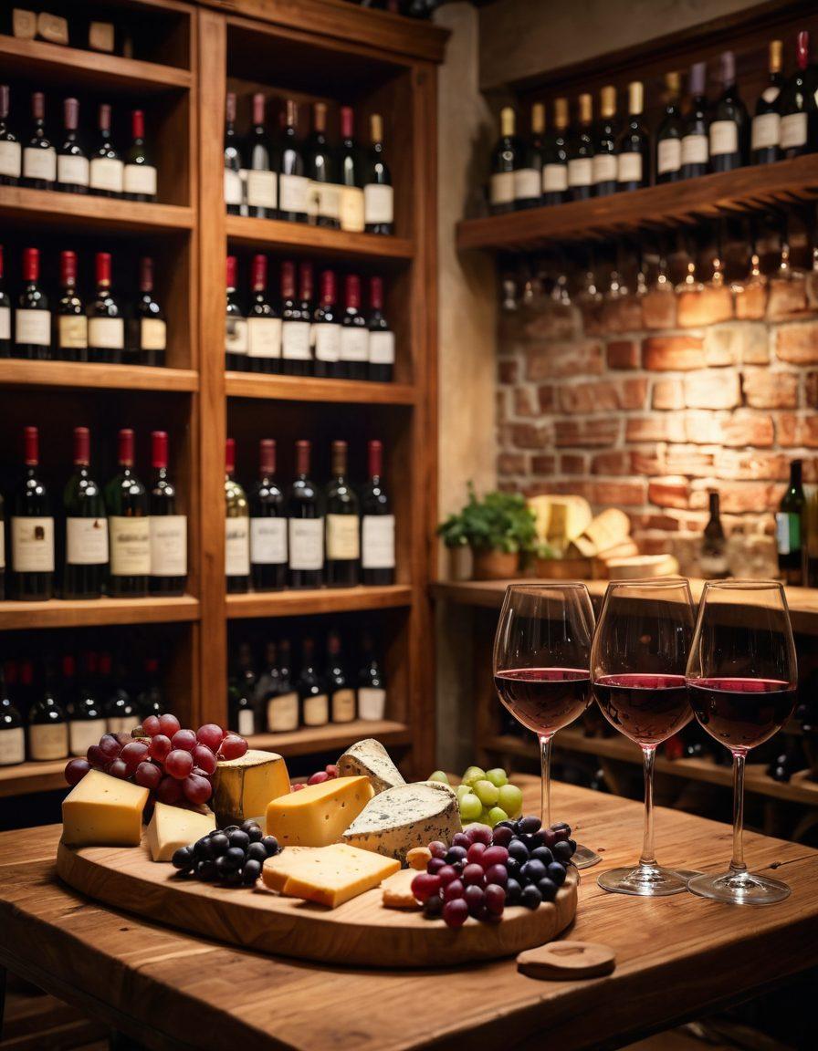 A beautifully arranged wine cellar showcasing a diverse collection of wine bottles with elegant labels. In the foreground, a wine glass filled with deep red wine sits beside a rustic wooden cheese board with assorted cheeses and fruits, suggesting perfect pairings. Soft ambient lighting casts a warm glow, enhancing the luxurious feel of the scene. In the background, shelves are adorned with vintage wine-making tools, adding a touch of history and expertise. super-realistic. warm colors. cozy atmosphere.